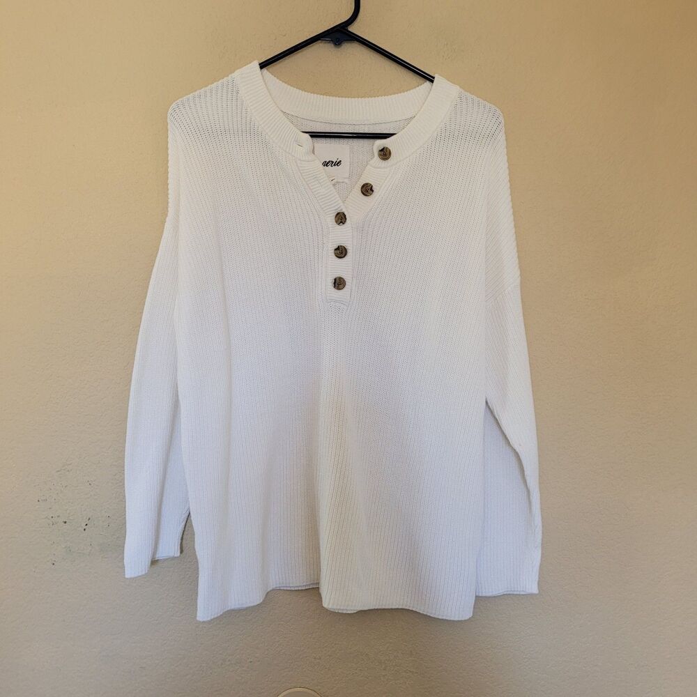 Aerie Womens Henley Sweater Small White 100% Cotton Cozy Neutral Loungewear